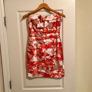 Bebe Laser Cut Tiered Satin Dress